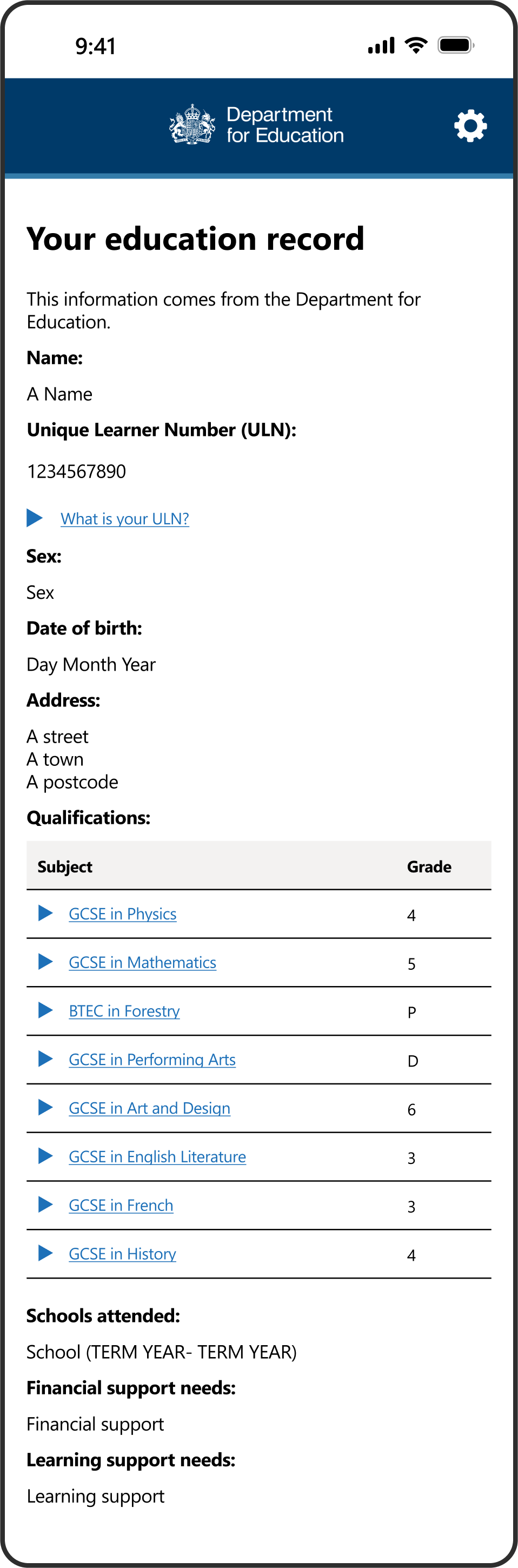 A screenshot showing an example education record